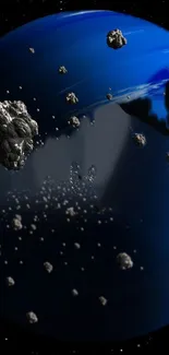 Mobile wallpaper of a blue planet with surrounding asteroids in space.