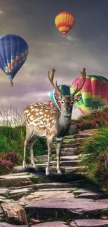 Deer standing on a path with hot air balloons in the sky.