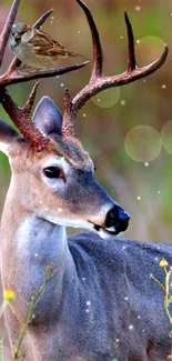 Deer with antlers and a bird, set in lush green nature.