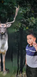 Young boy and deer in a tranquil forest setting for phone wallpaper.