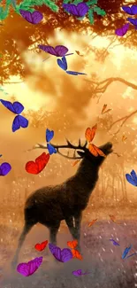 Majestic deer with colorful butterflies in sunlight forest scene.