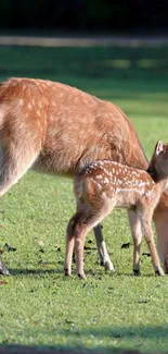 Deer and fawn grazing in a sunlit meadow with green grass.