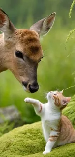 A curious kitten and a gentle deer nose-to-nose in a vibrant green setting.