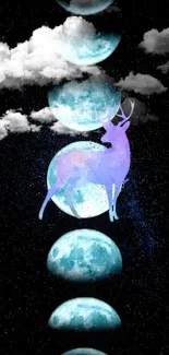 Watercolor deer with moon phases and clouds in starry sky wallpaper.