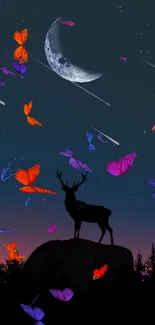 Silhouette of a deer under a starry night sky with a crescent moon.