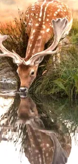 Deer drinking water with reflection, serene nature view.