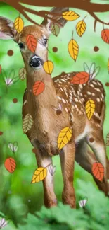 Cute deer in a forest with falling autumn leaves.