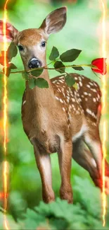 Young deer with red rose in a green forest setting.