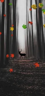 A black silhouette of a deer in a mystical forest with colorful falling leaves.