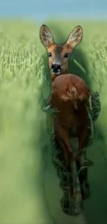 Deer walking through a lush green field.