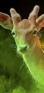 Deer in green mist, glowing nature wallpaper