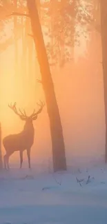 Deer silhouette in a misty forest at sunrise, creating a tranquil scene.