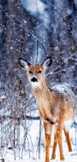 A deer standing in a snowy forest with falling snowflakes.