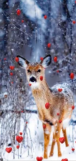 Deer in snowy forest with red hearts falling gracefully.