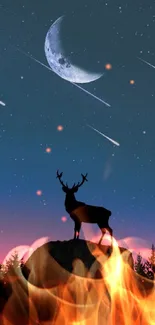 Silhouette of deer under crescent moon with shooting stars in a night sky.