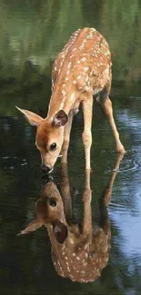 A deer reflected in tranquil water with lush green surroundings.