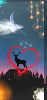 Deer silhouette with heart in a mystical night sky background.