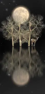 Serene wallpaper of a deer under the moon with trees reflected on water.