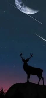 Silhouette of a deer under a starry night sky with a crescent moon.