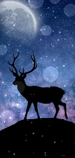 Deer silhouette with a starry galaxy background and crescent moon.