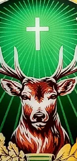 Illustration of a deer with a cross and green background.