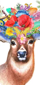 Deer with colorful floral crown on a white background wallpaper.