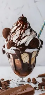 A visually appealing chocolate sundae with intricate toppings.