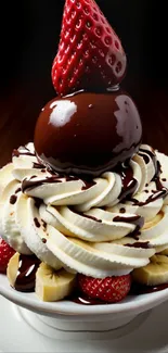 Dessert with chocolate, strawberries, bananas, and whipped cream.