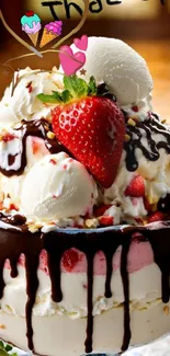 Ice cream sundae with strawberries and chocolate drizzle.