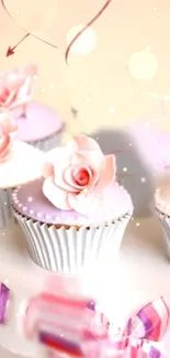 Sweet cupcakes with rose frosting in soft pastel colors.