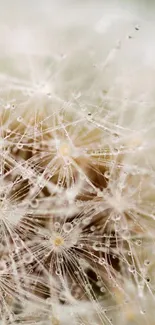 Close-up of a dewy dandelion in soft beige tones.
