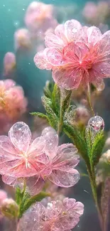 Delicate pink flowers with dew on a vibrant mobile wallpaper.