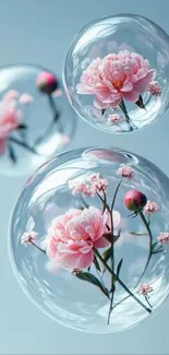 Pink flowers in bubbles on light blue background.