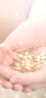 Hands holding shimmering glitter with a soft, pastel background.