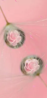 Delicate pink flowers encapsulated in droplets on mobile wallpaper background.