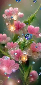 Delicate pink flowers with dew droplets and green leaves.