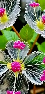 Intricate clear flower with vibrant pink petals.