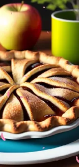 Golden brown apple pie with an apple and green mug in background.