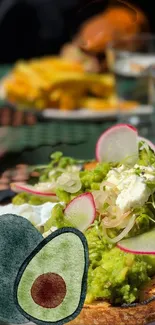 Creative avocado toast with radishes and greens on table.