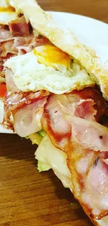 Close-up of a bacon and egg sandwich on a plate.