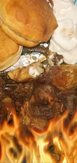 Delicious BBQ feast with meat, biscuits, and corn.