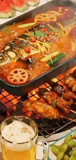 Grilled BBQ feast with colorful vegetables and drinks.