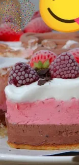 Layered berry cake with chocolate and cream topping.