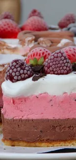 Luxurious berry-topped cake with chocolate layers.