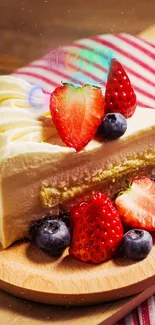 Creamy cake topped with strawberries and blueberries on a wooden tray.