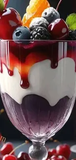 Glass of mixed berries and layered dessert.