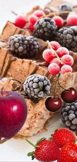 Delicious chocolate dessert with colorful berry toppings on a white plate.