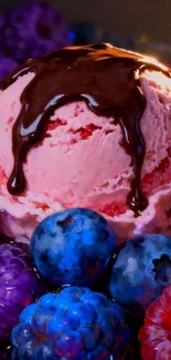 Pink ice cream with chocolate and berries.
