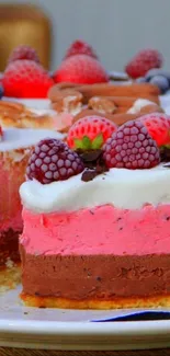 A vibrant berry layered cake with chocolate and fruit toppings.