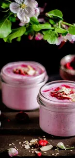 Two pink berry smoothies in rustic jars with floral decor.